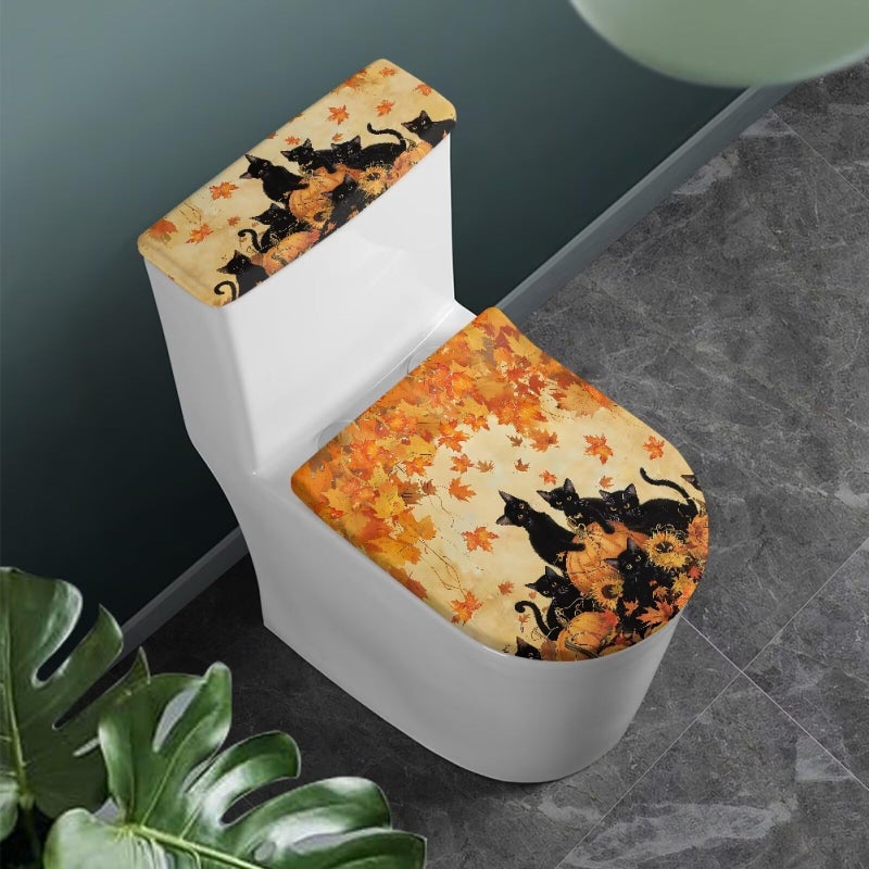 GLENLCWE Toilet Lid Seat Cover Set Black Cat Print, Thanksgiving Universal Fit for Standard Toilet Lids Tank Seats Cover Round Home Decor Fall Decorations - Image 2